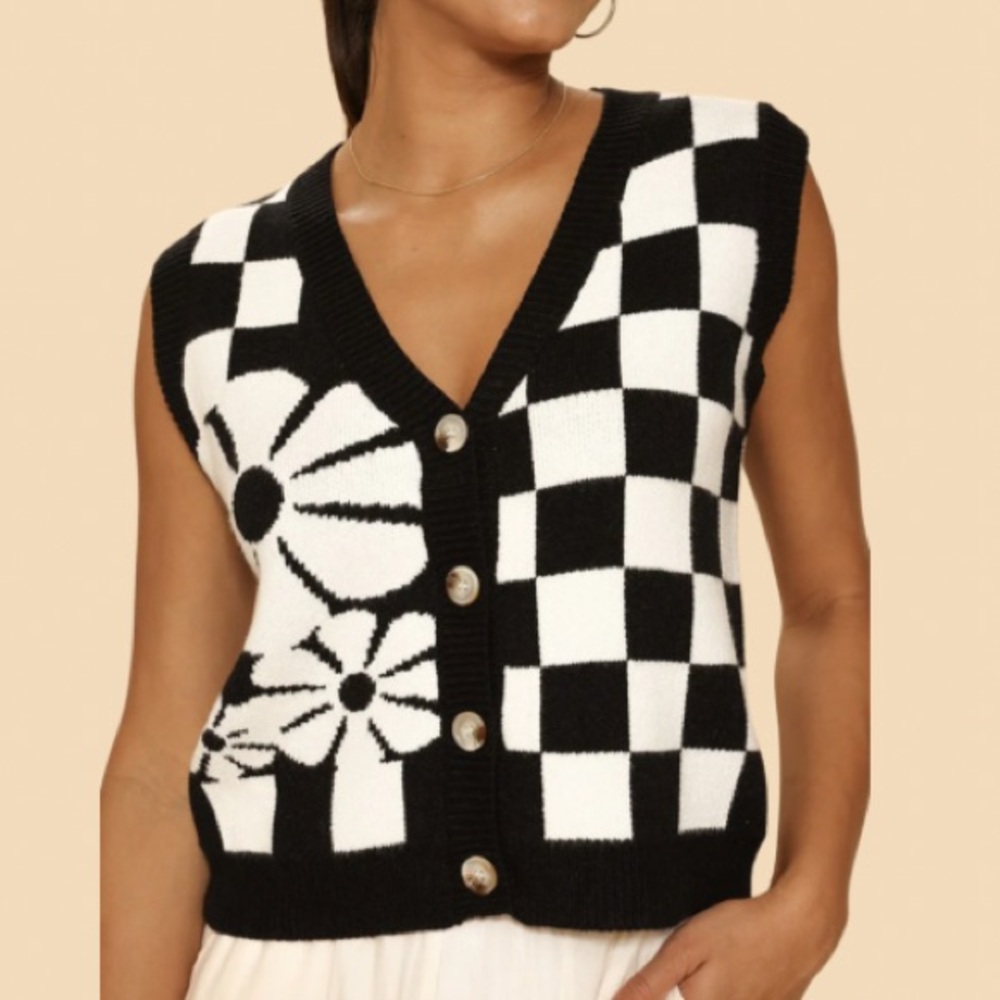 New Stylish Plaid Checkered and Flowered Knit Button Front V Neck Vest Sweater